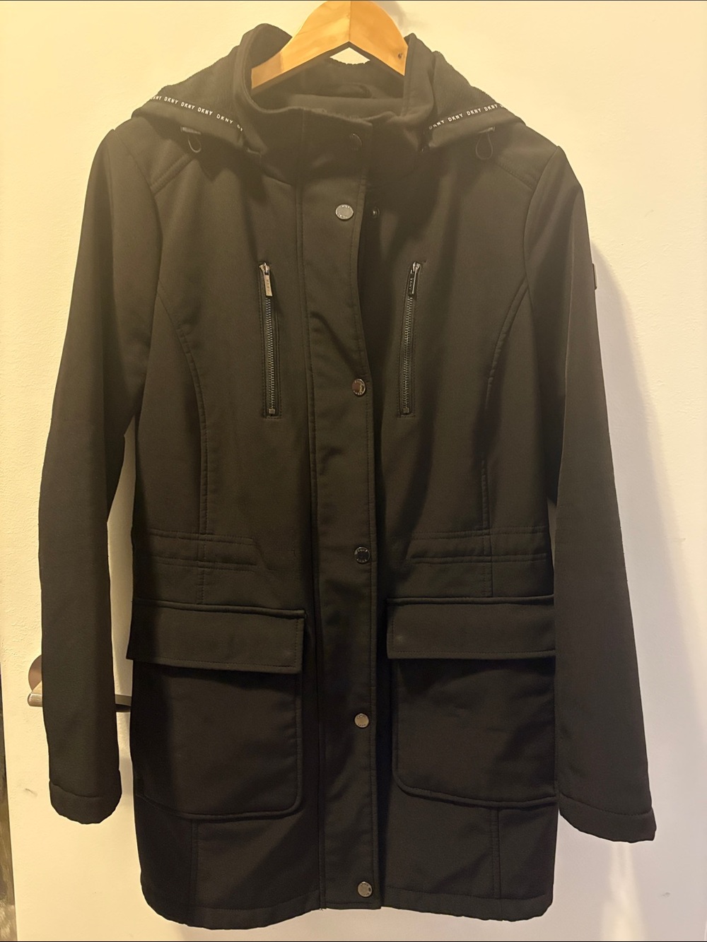 DKNY Black Hooded Trench Coat